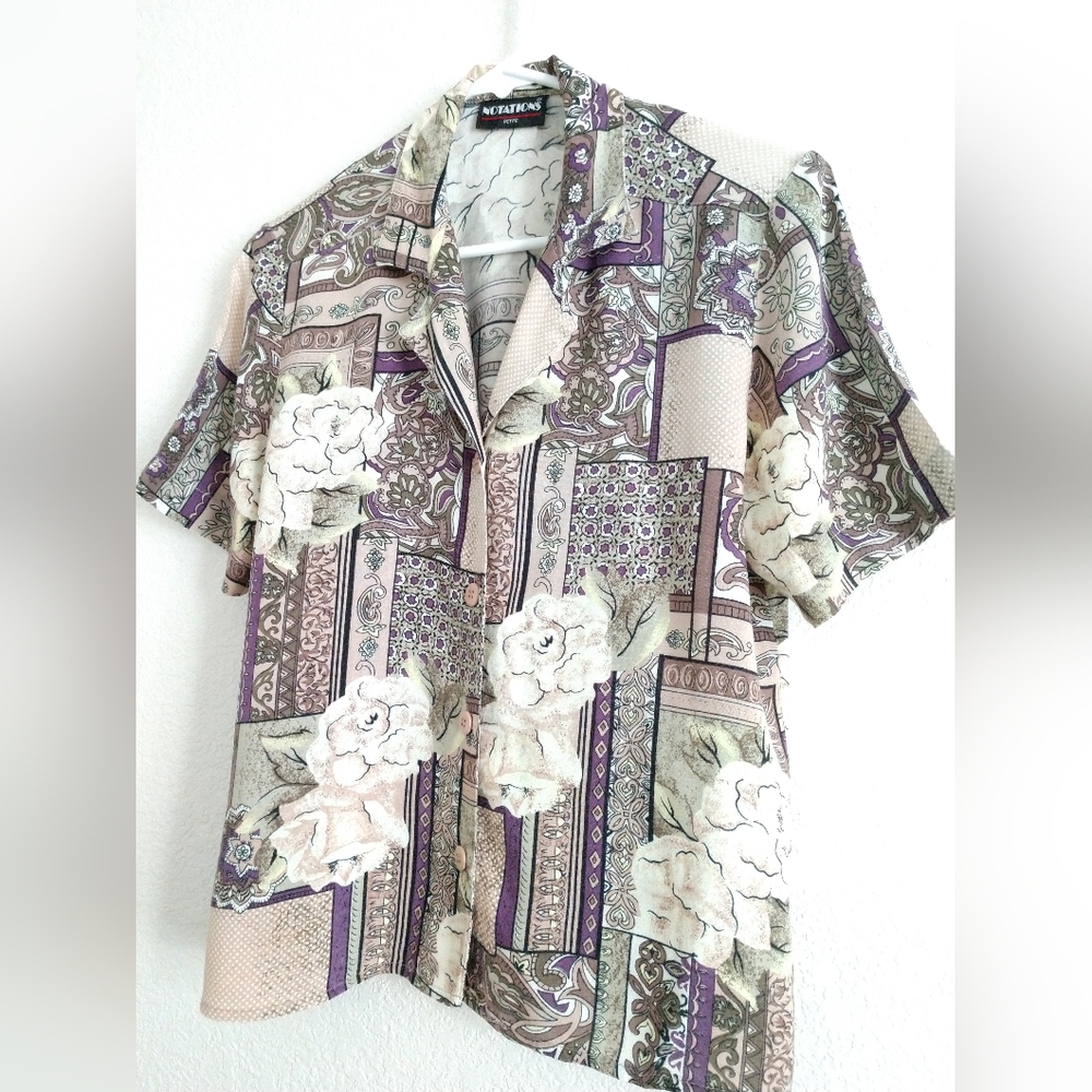 Notations Petite Short Sleeve Button Front Shirt Geometric Floral Petite Small